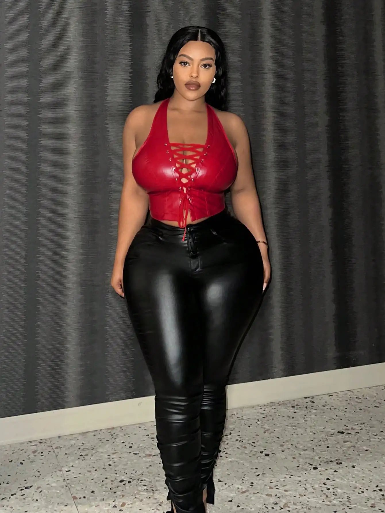 Sexy Leather Crop Top for Women with Hanging Neck Strap Hollow out Belted Waist Tight Strap Vest Large Size European Style