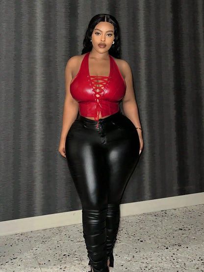 Sexy Leather Crop Top for Women with Hanging Neck Strap Hollow out Belted Waist Tight Strap Vest Large Size European Style