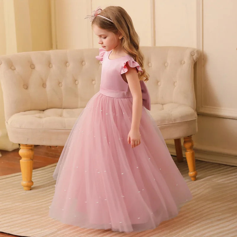 Summer Girl Flower Birthday Tulle Dress Backless Bow Wedding Gown Piano Kids Party Wear Princess Dress Baby Girl Bowknot Dresses
