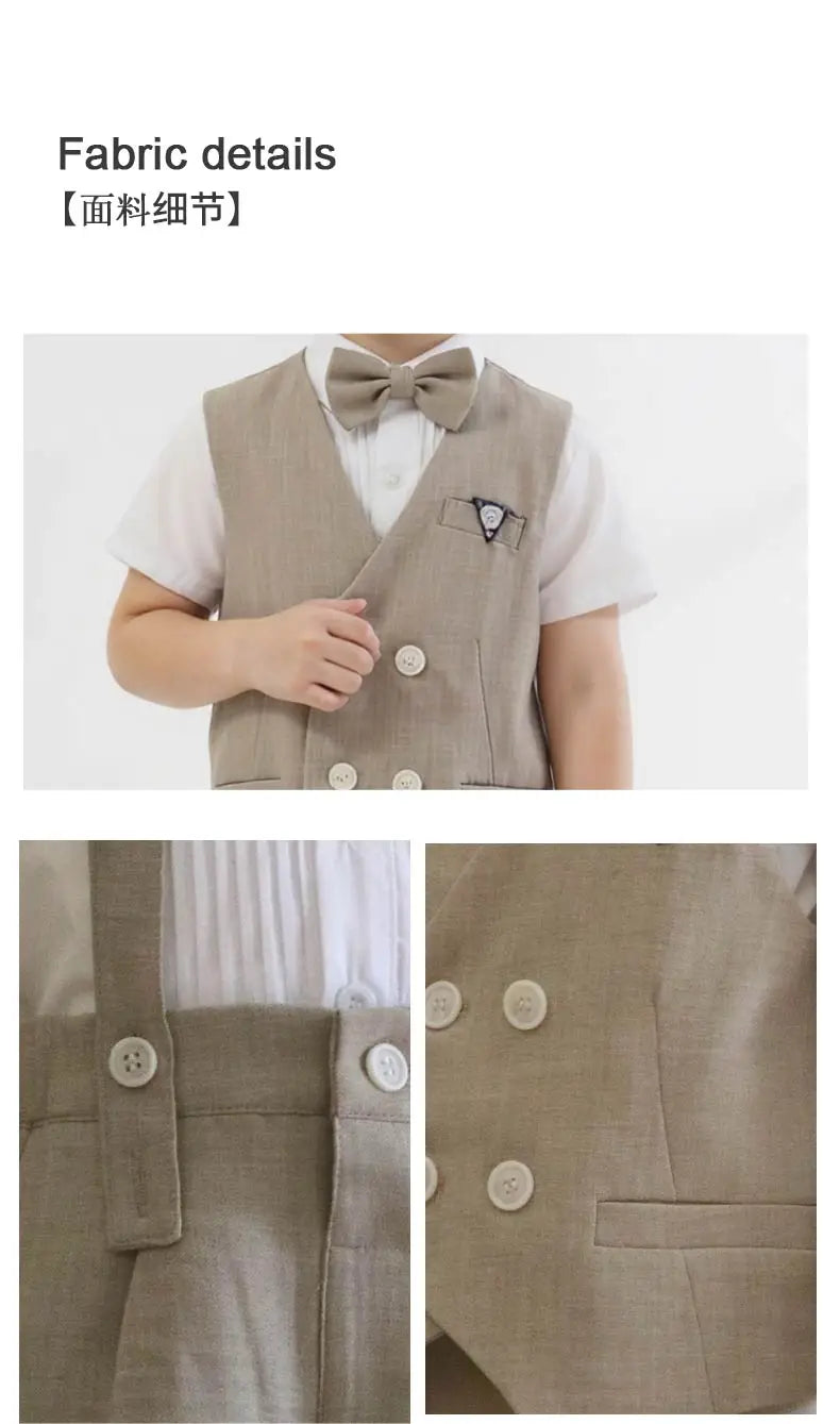 Summer Kids Boy Linen Suit Set Double Breasted Vest Shorts Bowtie for Ring Bearer Flower Boys Toddler Gentleman Outfit Clothes
