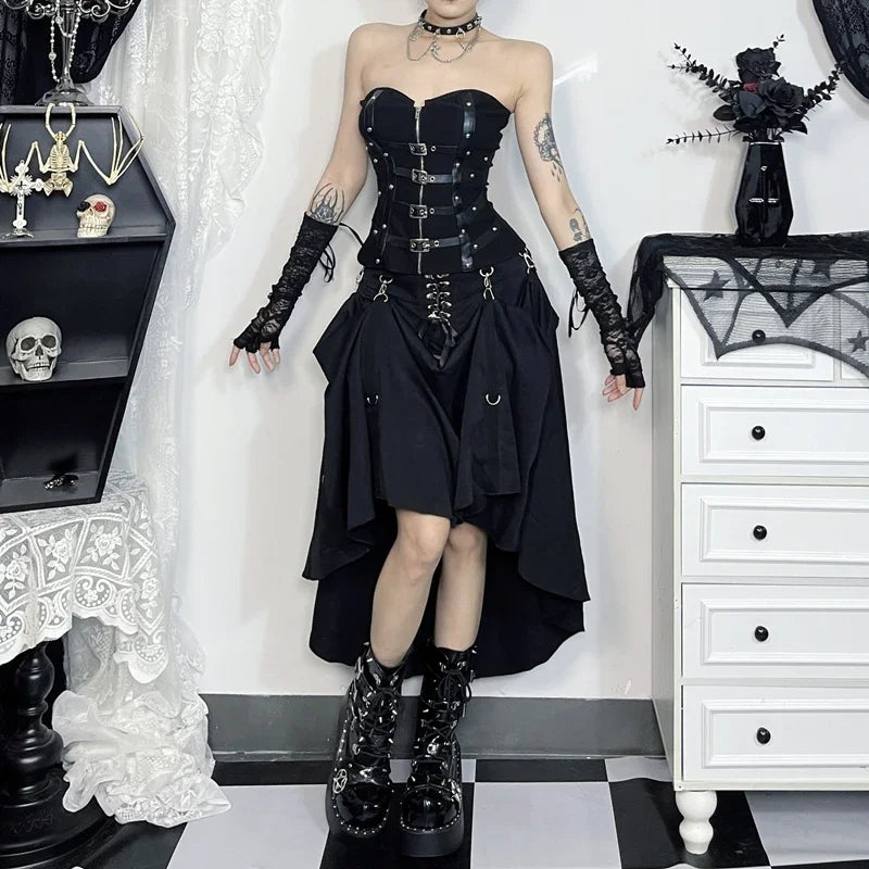 Goth Dark Acubi Fashion Black Swing A-line Skirt Punk Grunge Metal Buckle Streetwear Bandage Skirts Mall Gothic Alt Clother