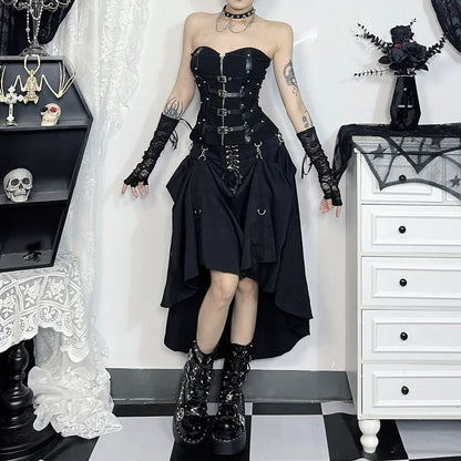 Goth Dark Acubi Fashion Black Swing A-line Skirt Punk Grunge Metal Buckle Streetwear Bandage Skirts Mall Gothic Alt Clother