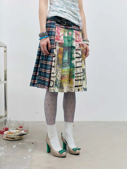 Women's Midi Skirts Tie Dye 2000s Aesthetic Harajuku Japanese Contrast Color Goblin Core American Retro High Street Design New