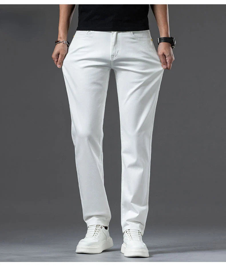 2024 New Men's Khaki White Cotton Stretch Slim Smart Jeans Casual Straight Business Fashion Beige Brand Denim Trousers