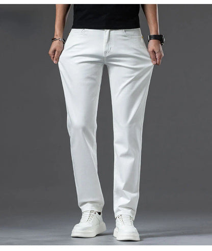 2024 New Men's Khaki White Cotton Stretch Slim Smart Jeans Casual Straight Business Fashion Beige Brand Denim Trousers