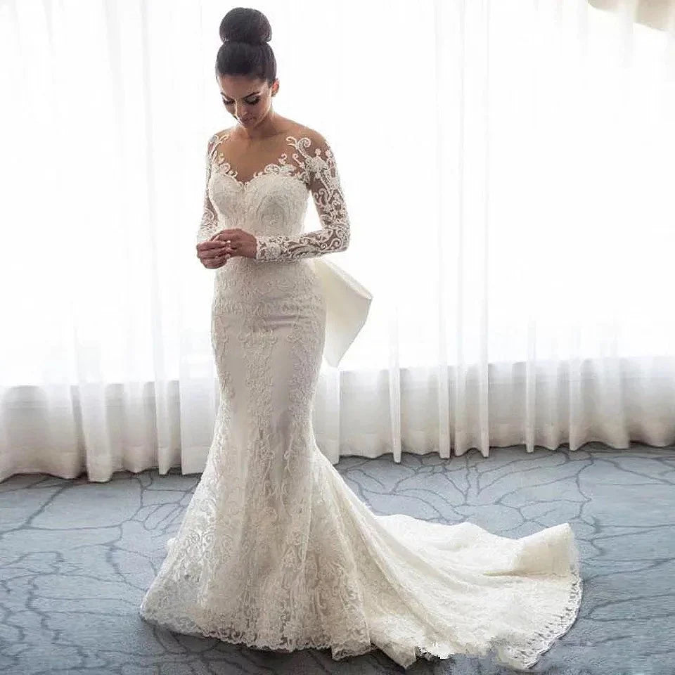 2 Pieces Luxury Mermaid Wedding Dresses Detachable Train Elegant Long Sleev White Bridal Dress Boho Robe De Mariee Sukienki