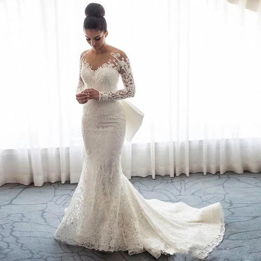 2 Pieces Luxury Mermaid Wedding Dresses Detachable Train Elegant Long Sleev White Bridal Dress Boho Robe De Mariee Sukienki