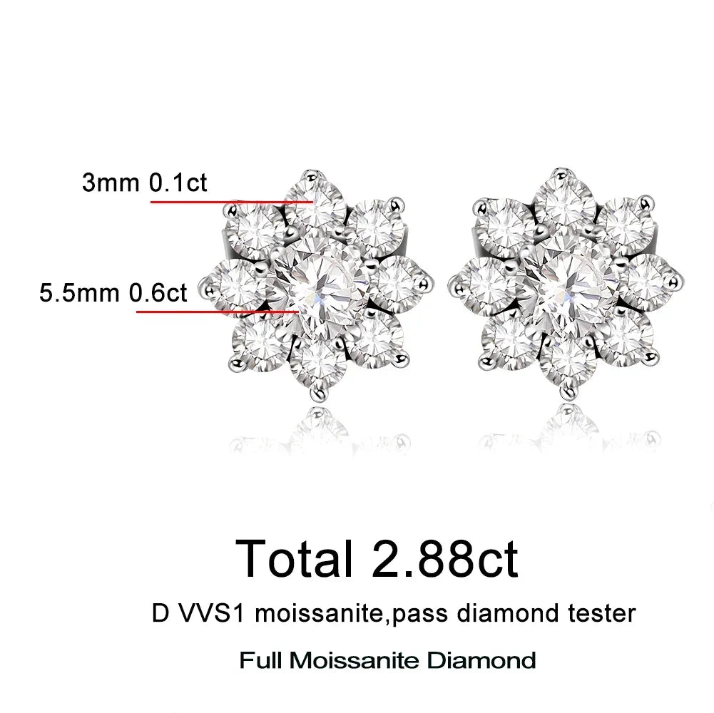 2.88CT  Certified Sunflower Full Moissnaite Diamond Stud Earring 925 Sterling Silver Plated 18k White Gold Stud Ear for Women