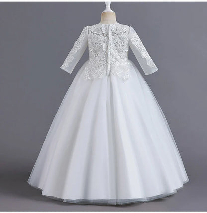 New Slim short sleeve fashion girls dress 3-12 years old Fluffy white wedding Sweet Princess dress lace