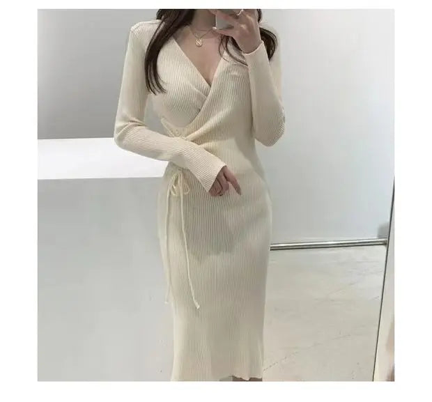 V-ne Knitted Wrap Waist Slimming Mid-length A-line Dr Women's Sweater Dr Korean Sle High Waist Long Sve