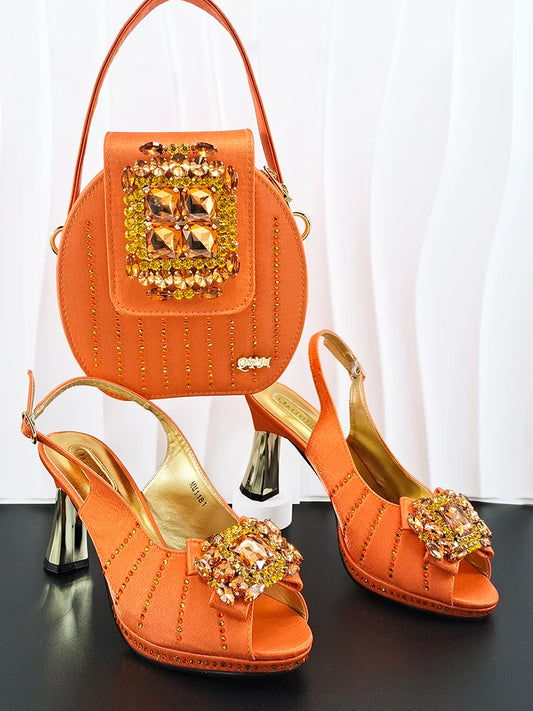 Orange Color Party Wedding Pointed Toe Ladies Casual High Heels and Soft Bag Set Decorated With Rhinestone