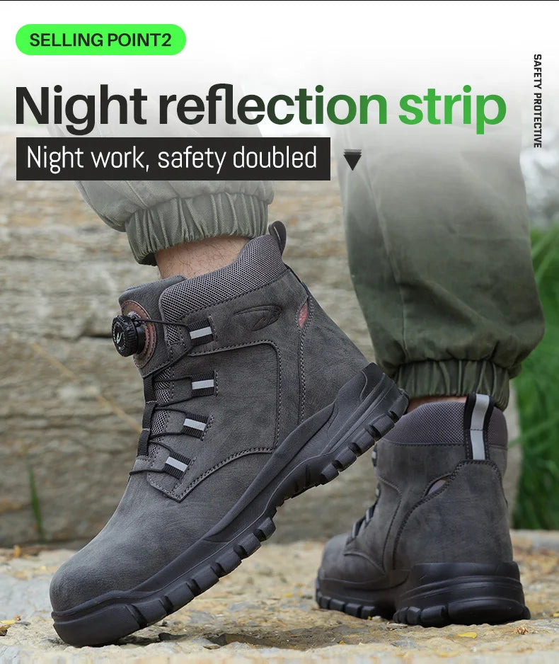 Leather Non Slip Work Boots for Men Rotating Button Safety Shoes Steel Toe Sneaker Male Puncture Proof Protective Boots