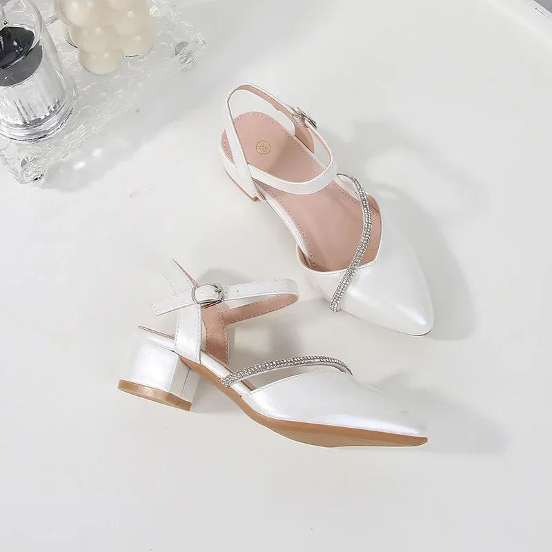 Girls' High Heels Sandals Fashion Rhinestone Pointed Toe Children's Princess Shoes Rubber Soles Non Slip Casual Sandals