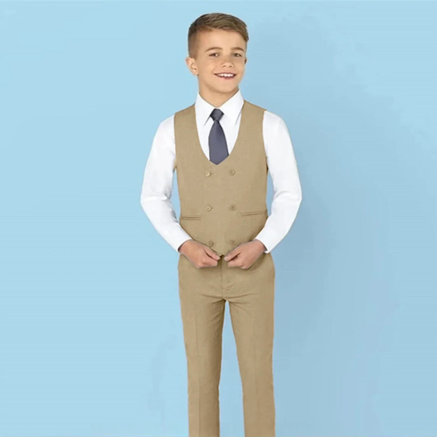 Fast Ship New Year Celebration Beige Tone Boys Suit Set Including Blazer Pants 4PCS Kids Tuxedo Set From 3 to 14 Years Outfit