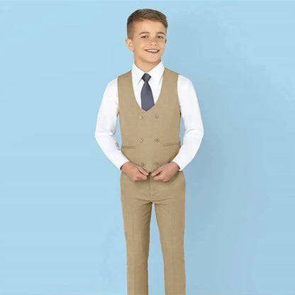 Fast Ship New Year Celebration Beige Tone Boys Suit Set Including Blazer Pants 4PCS Kids Tuxedo Set From 3 to 14 Years Outfit