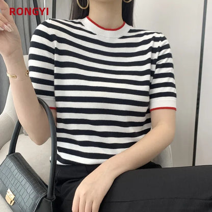 Summer Women's O-Neck Striped 100% Cotton Short Sleeve T-Shirt With Loose Pullover Casual Knit Top High Quality 5 Sizes