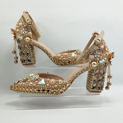 Luxury Champagne Golden Crystal wedding shoes matching bags woman fashion Thick heel Women party dress shoes Pointed Toe shoes