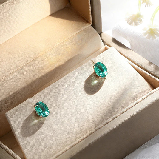 18k Plated 1CT 2CT Oval Cut Lab-grown Colombian Emerald Stud Earrings for Women Moissanite Earring S925 Sterling Silver