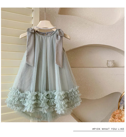 2024 Summer Korean  Girls New Sleeveless Bow Solid Color Sweet and Gentle Princess Dress Childrens Trend
