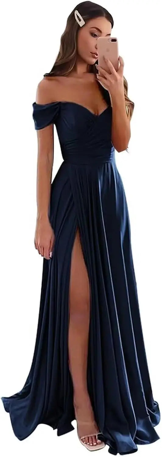 Women's Satin Prom Dresses Long Slit Formal Dresses Off Shoulder Evening Wedding Party Gowns Ruched Sweetheart Lace up Back