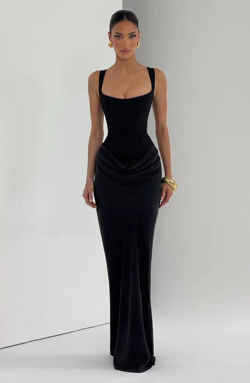 Women's casual long sleeved slim fit fishbone pure desire suspender jumpsuit long skirt slim fit solid color hip hugging dress