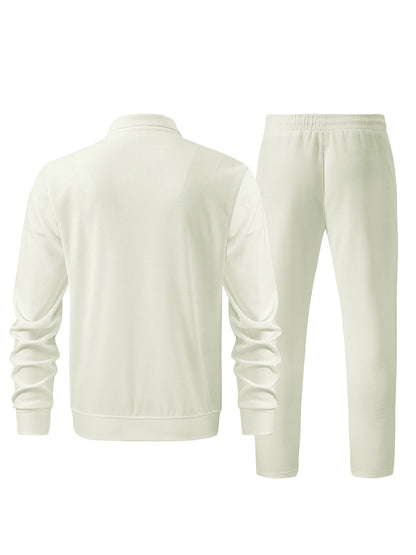 Men's Casual Solid Color Zipper Jacket and Pants Suit - Breathable Polyester Fiber for Spring/Autumn
