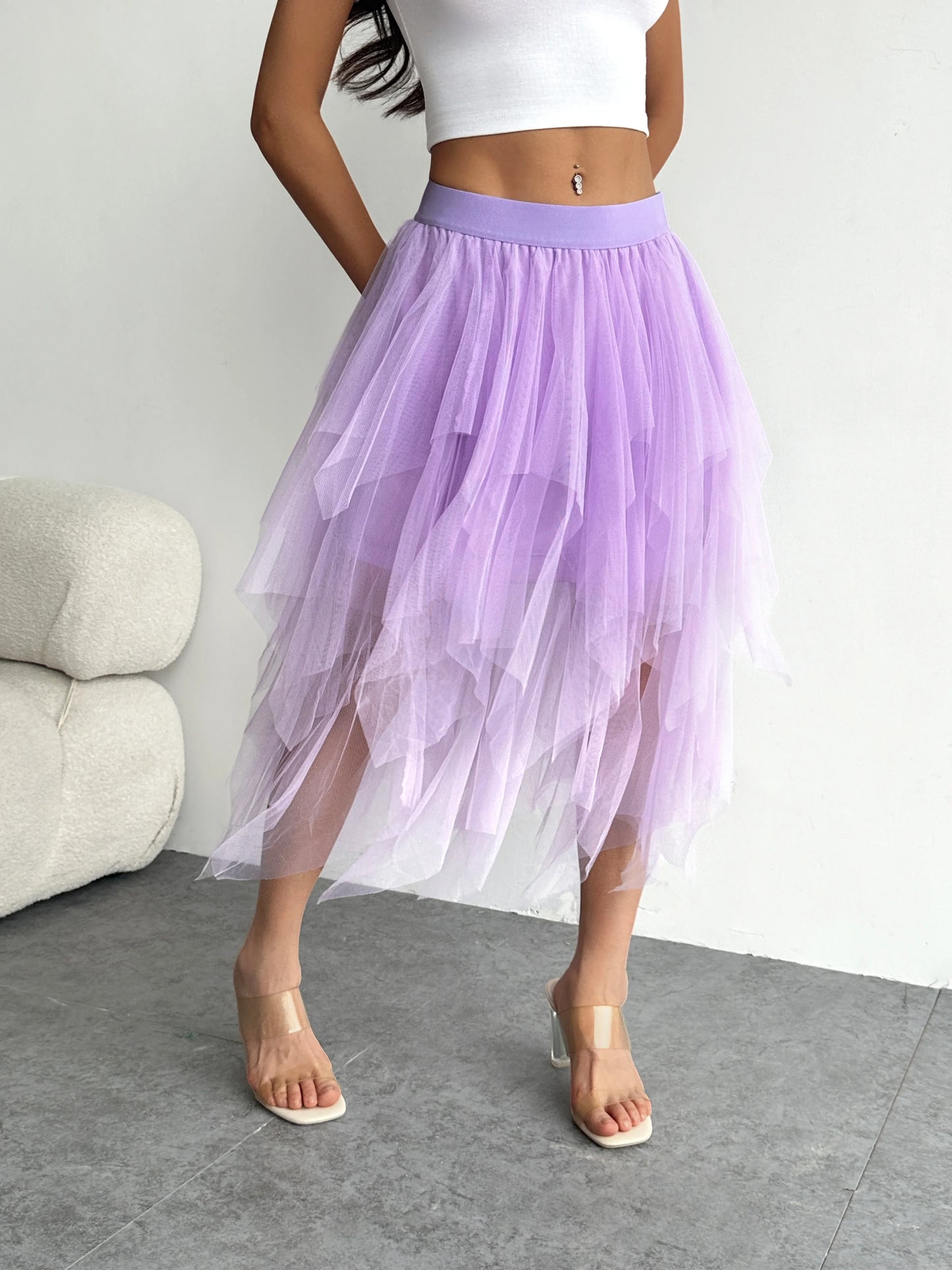 Ladies' high waisted elastic waist layered chiffon midi skirt with irregular asymmetric hem party casual mesh fairy ballet skirt