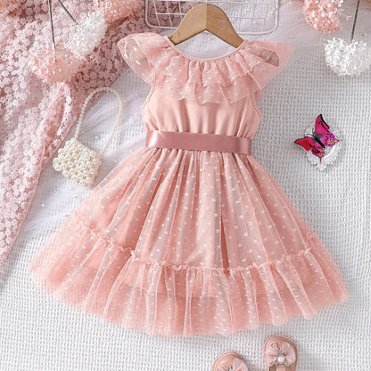 Toddler Girls' Pink Polka Dot Mesh Dress - Flutter Sleeves, Big Bow Waist, Sweet Spring & Summer Princess Dress