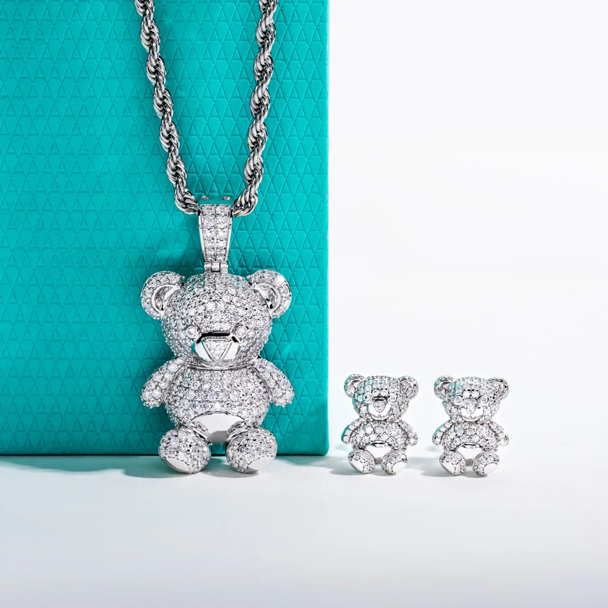Moissanite Bear Pendant Necklace 925 Sterling Silver Iced Out Stud Earring New Age Hip Hop Jewelry Set for Women