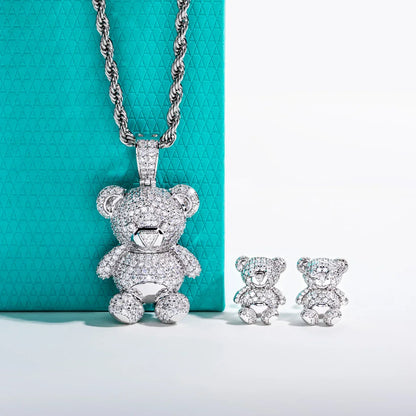 Moissanite Bear Pendant Necklace 925 Sterling Silver Iced Out Stud Earring New Age Hip Hop Jewelry Set for Women