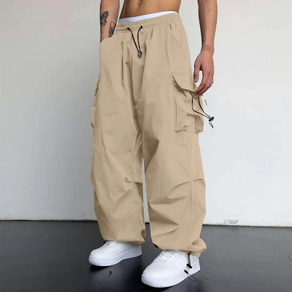 Cool Streetwear Versatile Quicky Drying Wide Leg Low Waist Drawstring Cargo Trousers Fashion Daily Casual Pockets Pants For Male