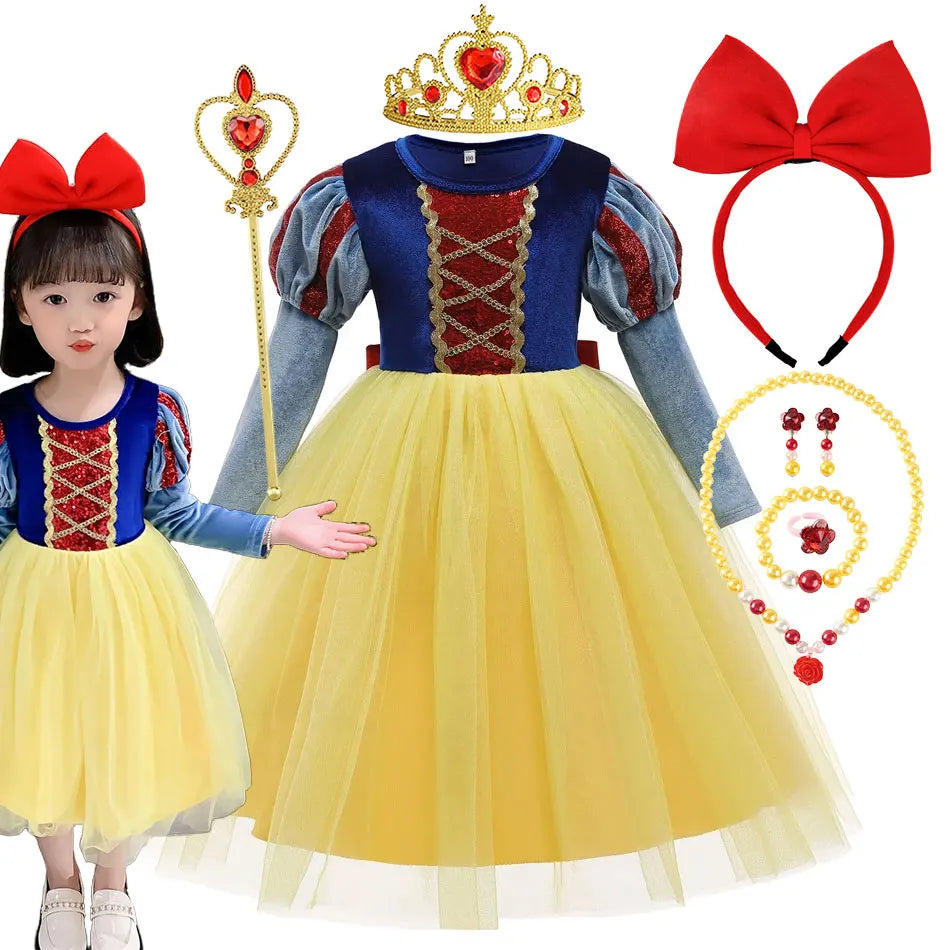Fantasia Infantil Branca de Neve Vestido de Princesa Baile Meninas Aniversário Festa Corpinho de Veludo Saia de Tule Malha Roupa Cosplay Infantil 2-10 Anos