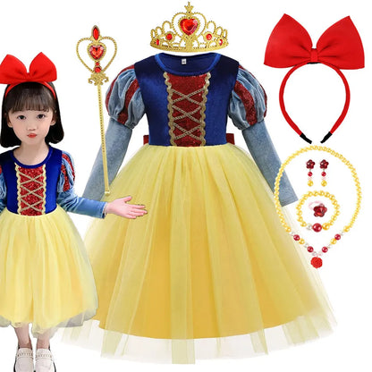 Fantasia Infantil Branca de Neve Vestido de Princesa Baile Meninas Aniversário Festa Corpinho de Veludo Saia de Tule Malha Roupa Cosplay Infantil 2-10 Anos