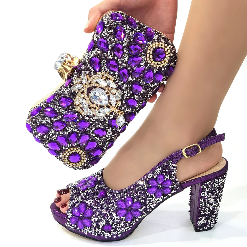 Conjunto de Sapatos de Salto Alto com Strass e Bolsa Feminino Luxuoso Último Design Italiano de Verão para Casamento Festa de Natal