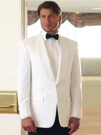 Classic 2 Pieces Ivory/White Men Suits Slim Fit Shawl Lapel Blazer Pants Sets Wedding Groom Tuxedos High Quality Prom Dress Set