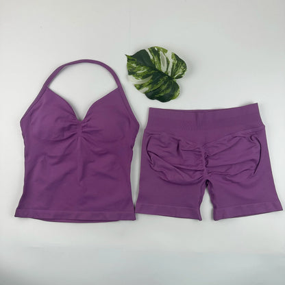 Yoga Leggings Set Women Backless Tank Tops High Waist Scrunch Gym Suit Fitness Clothes Outfit Workout Yoga Set