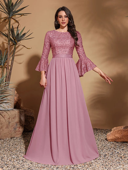 Round neck, sequined trumpet sleeves, spliced chiffon hem, elegant retro dress