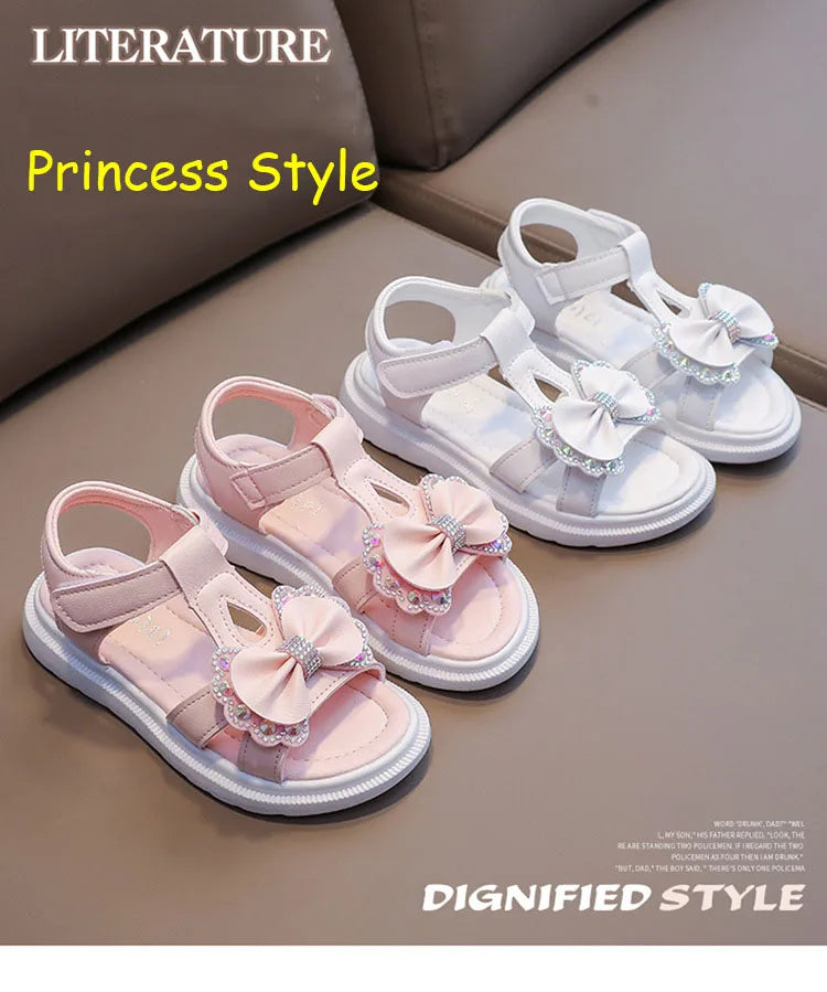 Girl Sandal Kid Summer Elegant Bling Rhinestone Party Princess Beach Shoes Cute Bowknot School Shoes for Kids Flat Heel F05201