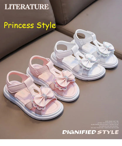 Girl Sandal Kid Summer Elegant Bling Rhinestone Party Princess Beach Shoes Cute Bowknot School Shoes for Kids Flat Heel F05201