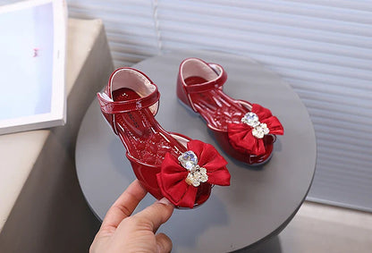 Girl's Fish Mouth Shoes with Rhinestone Bear Decos Prom Party Sandals for Kids Girl Nice Butterfly-knot Students Footwear I10281