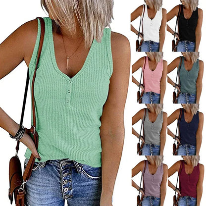 9 Colour Casual Chic Ribbed Tank Top - Everyday Sleeveless V-Neck Slight Stretch Durable Easy Care All-Season Essential