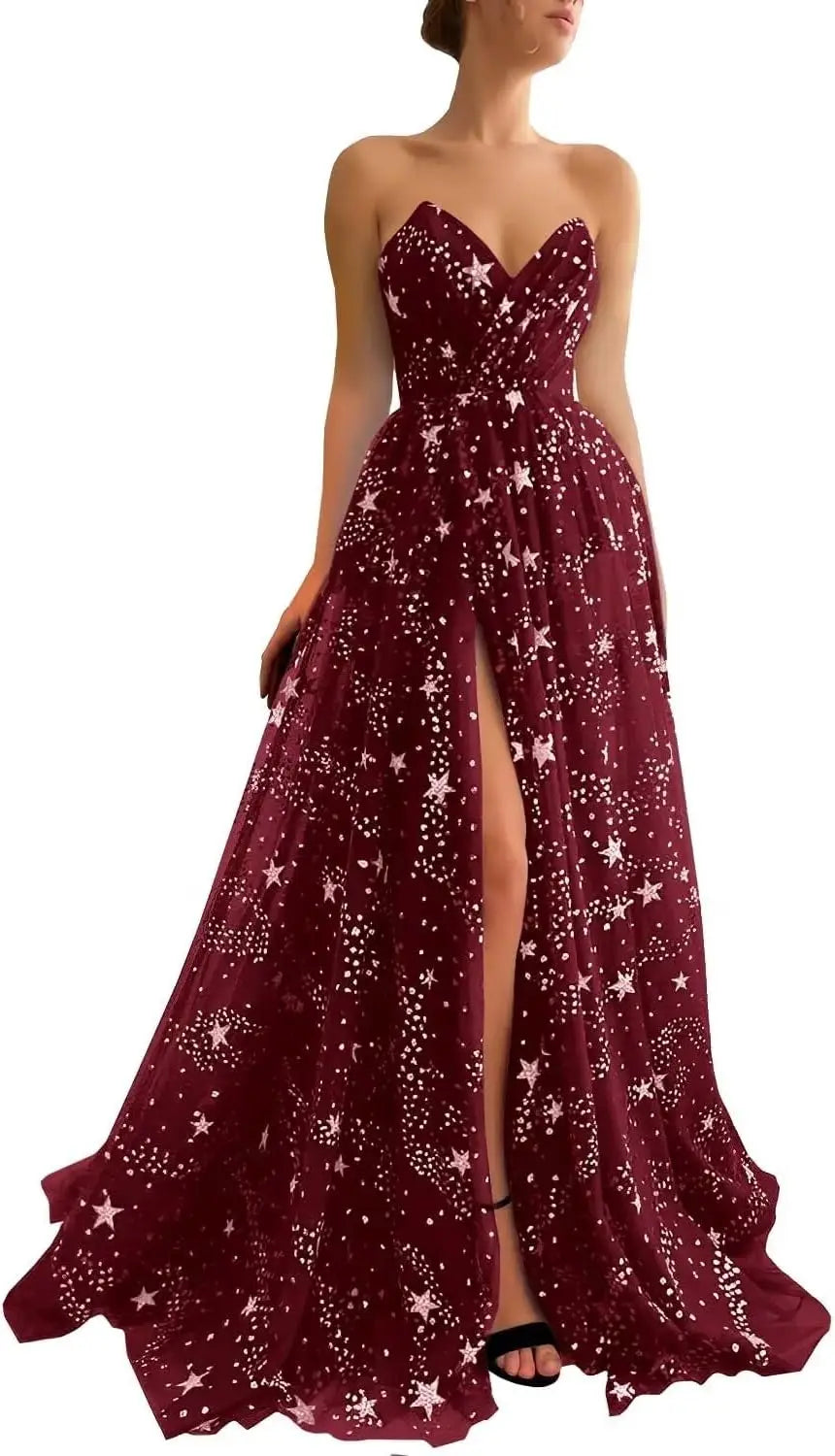 V Neck Luxury Women's Sparkle Starry Tulle Prom Dresses Strapless Slit Formal Evening Party Gowns Formal Dress Women Elegant