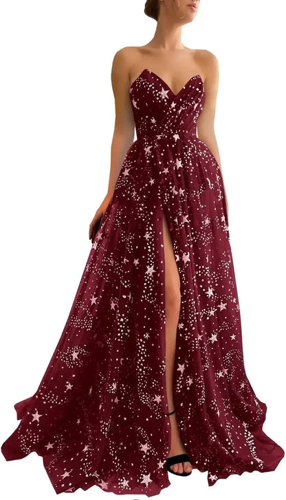V Neck Luxury Women's Sparkle Starry Tulle Prom Dresses Strapless Slit Formal Evening Party Gowns Formal Dress Women Elegant