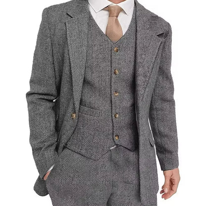 Brown Tweed Sharkskin Men's Formal Suit 3-Piece Smoking Jacket Vest Trousers Business Wedding Grooming