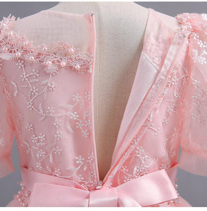 8901 Vestido Infantil para Meninas de 4 a 12 anos Princesa Lantejoulas Manga Bufante Longo Tule Florista Casamento Verão Pequeno