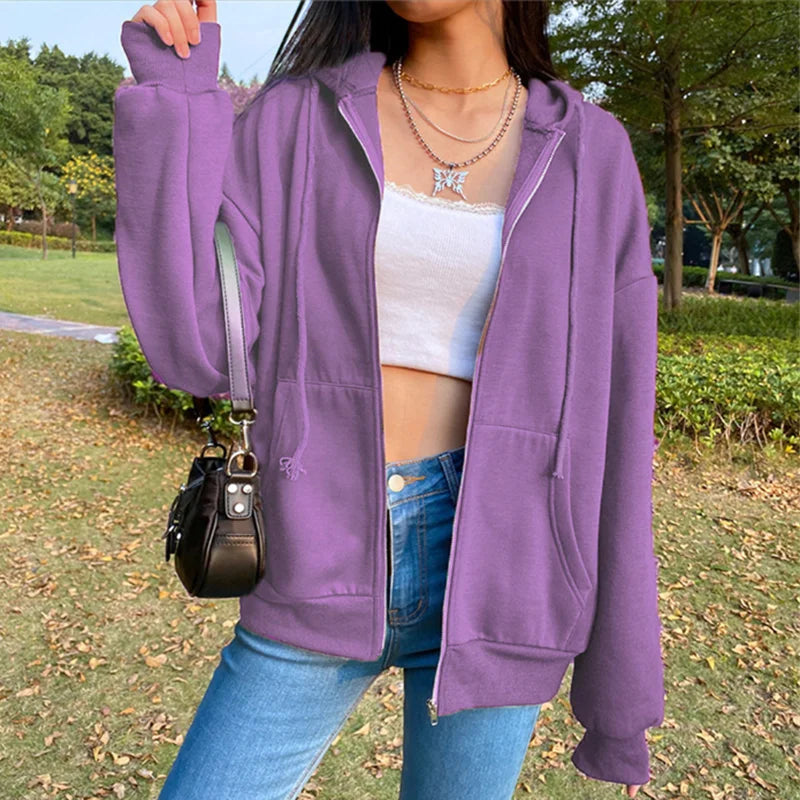 Autumn Fleece Hoodie Solid Color Hooded Korean Fashion Sweatshirts Long Sleeve Top Drawstring Pockets Loose Zipper Black Hoodies