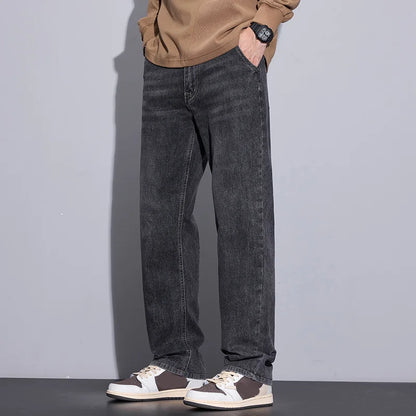 New Men's Micro Elastic Wide Leg Jeans American Retro Versatile Loose Fit Long Pants for All Seasons