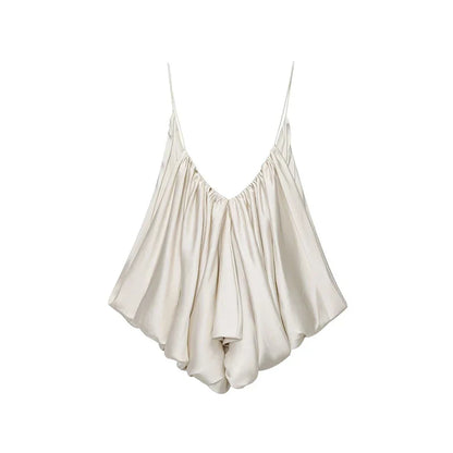 Women's Slip Tops Fashion Satin Pleated V-Neck Sleeveless Top Summer Sexy Female Chic Tops