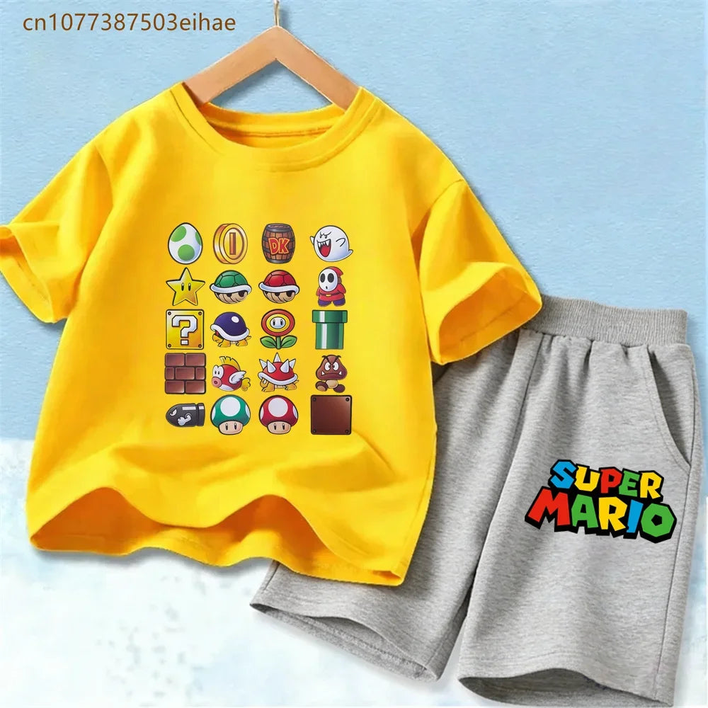 Summer Casual Kids Clothing Set Mario Cartoon Print Pure Cotton Short Sleeve Tee And Shorts 2PCS Wear For Boys Girls