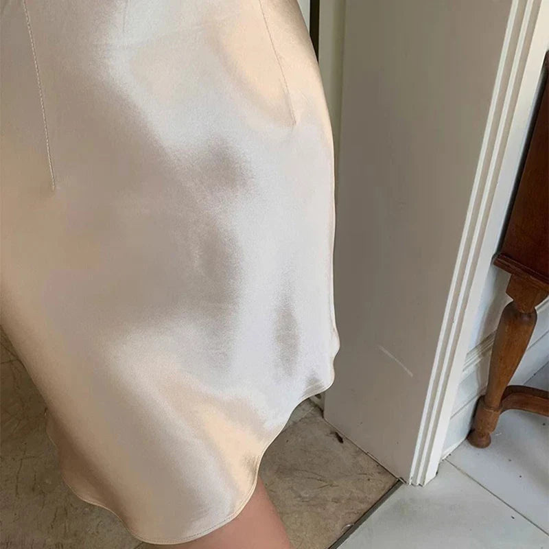 2026 Summer Lady High Waist Thin Acetate Satin Skirts Lady Solid Color A-line Dresses Girls Chic Korean Fashion Skirts